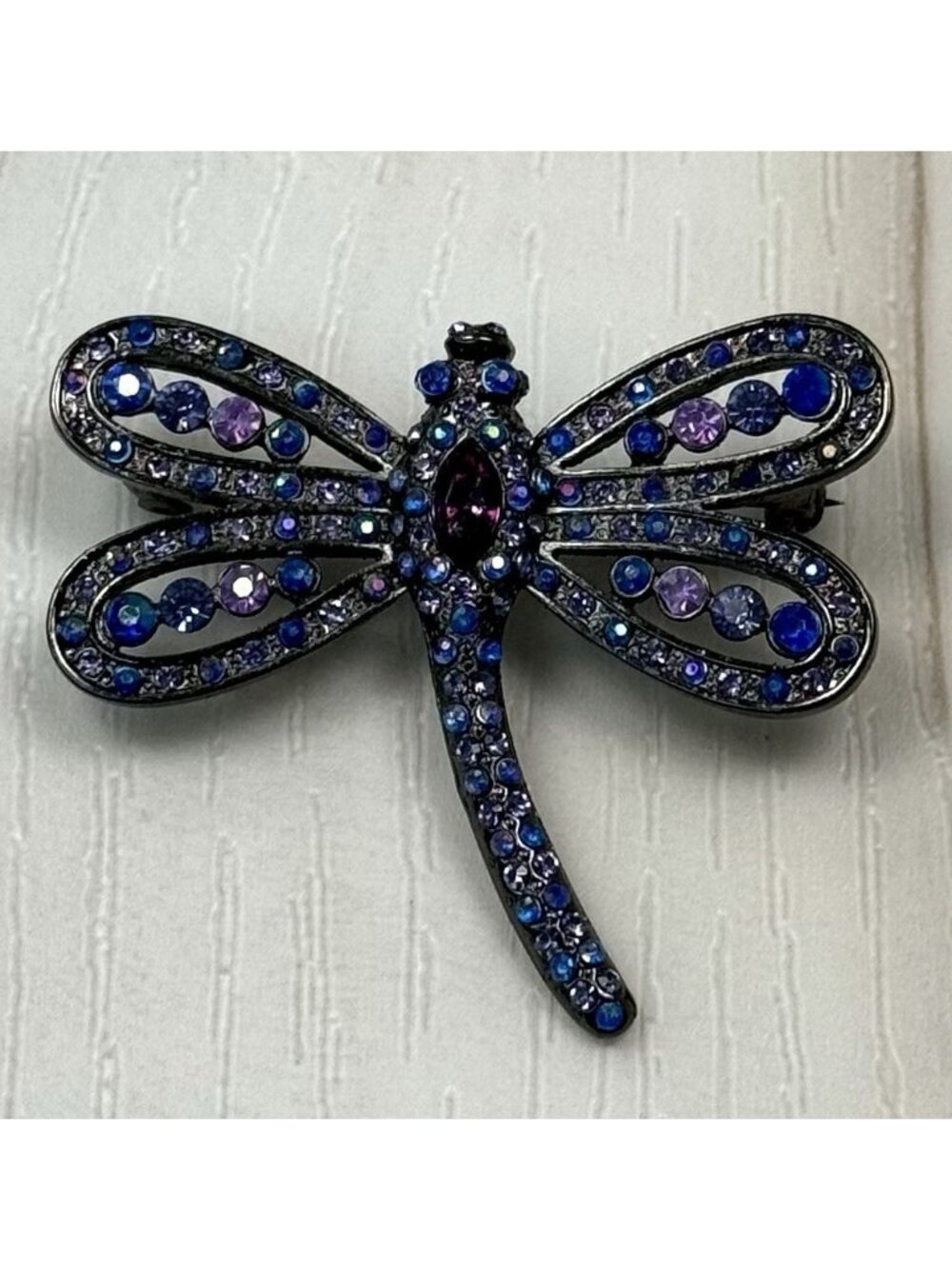 VTG 1.75" Blue/Purple Rhinestone Dragonfly Insect BROOCH Pin Pinback Jewelry EUC